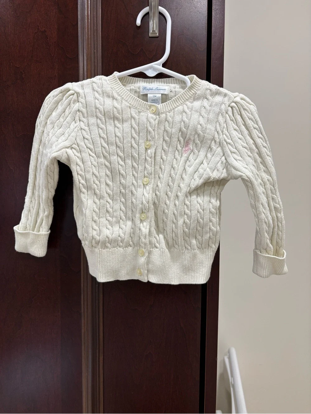 Ralph Lauren Cream Cable-Knit Baby Girl Cardigan with Pink Pony